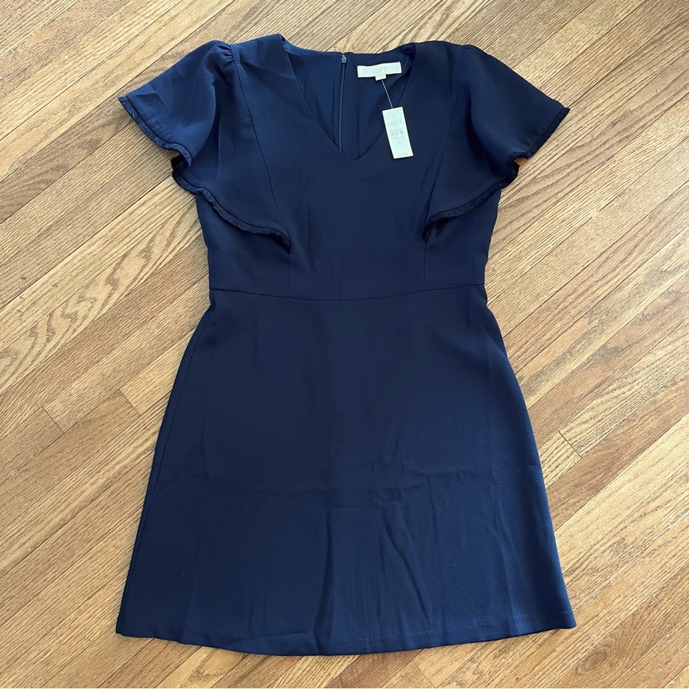 LOFT Short Navy Dress Fringe Cap Wing Sleeve Detail Size 8